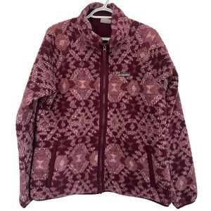 Columbia Womens XL Sherpa Fleece Jacket Full Zip Geometric Purple Cozy Chore GuC